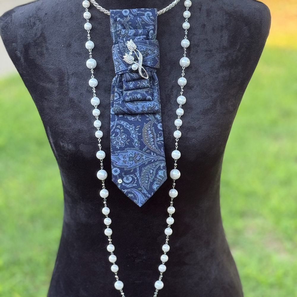 Nu-Ties Designed & Handmade By FLHood~Elegant Blue and Silver Pearl Necklace